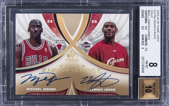 2003-04 SP Game Used "Extra Significance Gold" #MJLJ Michael Jordan/LeBron James Dual Signed Rookie Card (#4/5) – BGS NM-MT 8/BGS 10